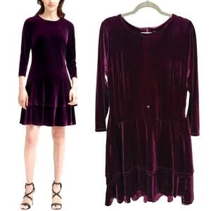 NWT! DKNY 12 Long Sleeve Stretch Velvet Tiered Party Dress Knee Length Purple